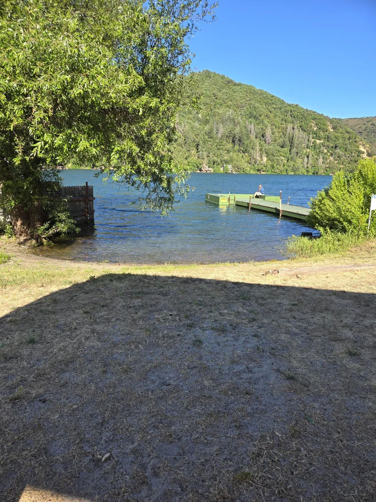 Scenic view of a tranquil lake with a small wooden dock, surrounded by lush green hills
