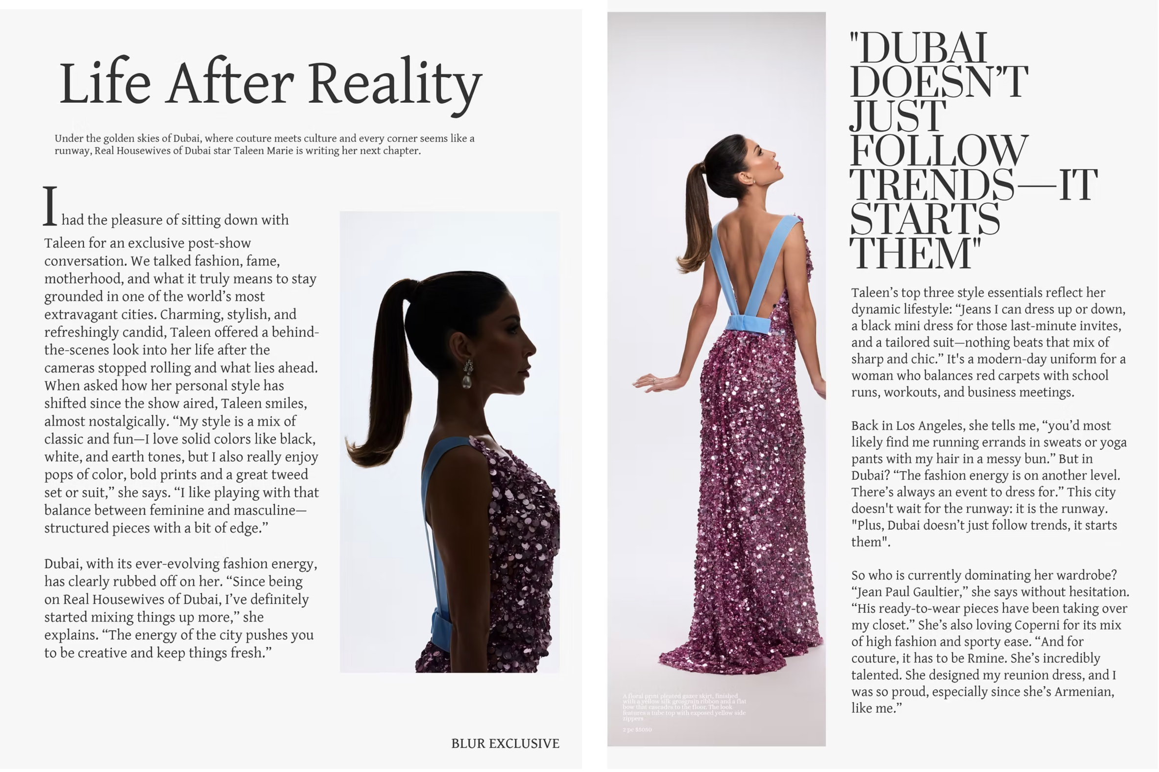 Taleen Marie in BLUR Magazine wearing Handmade pink sequin gown that fuses Old Hollywood glamour with a modern edge.