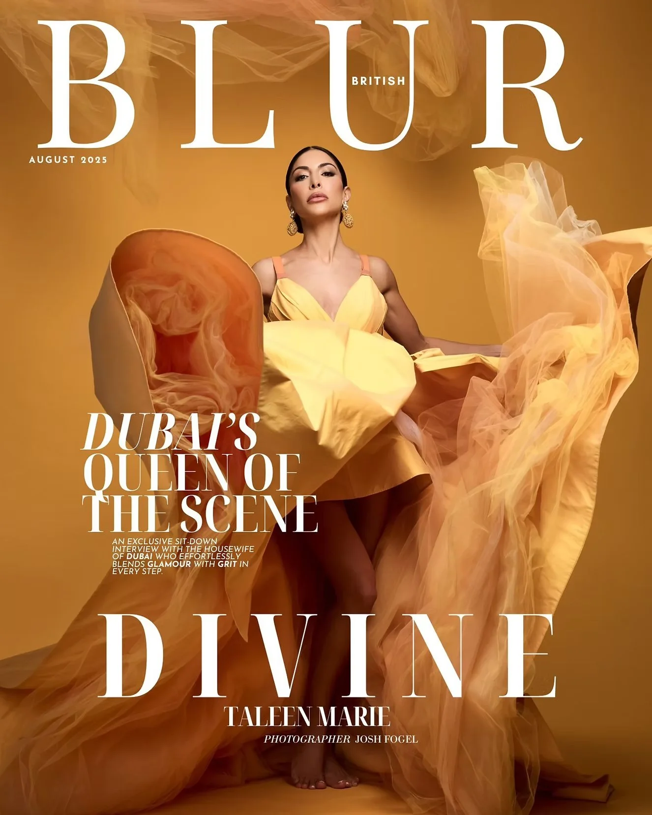 BLUR Magazine - Taleen Marie wearing an RMINÉ vibrant yellow silk taffeta gown.