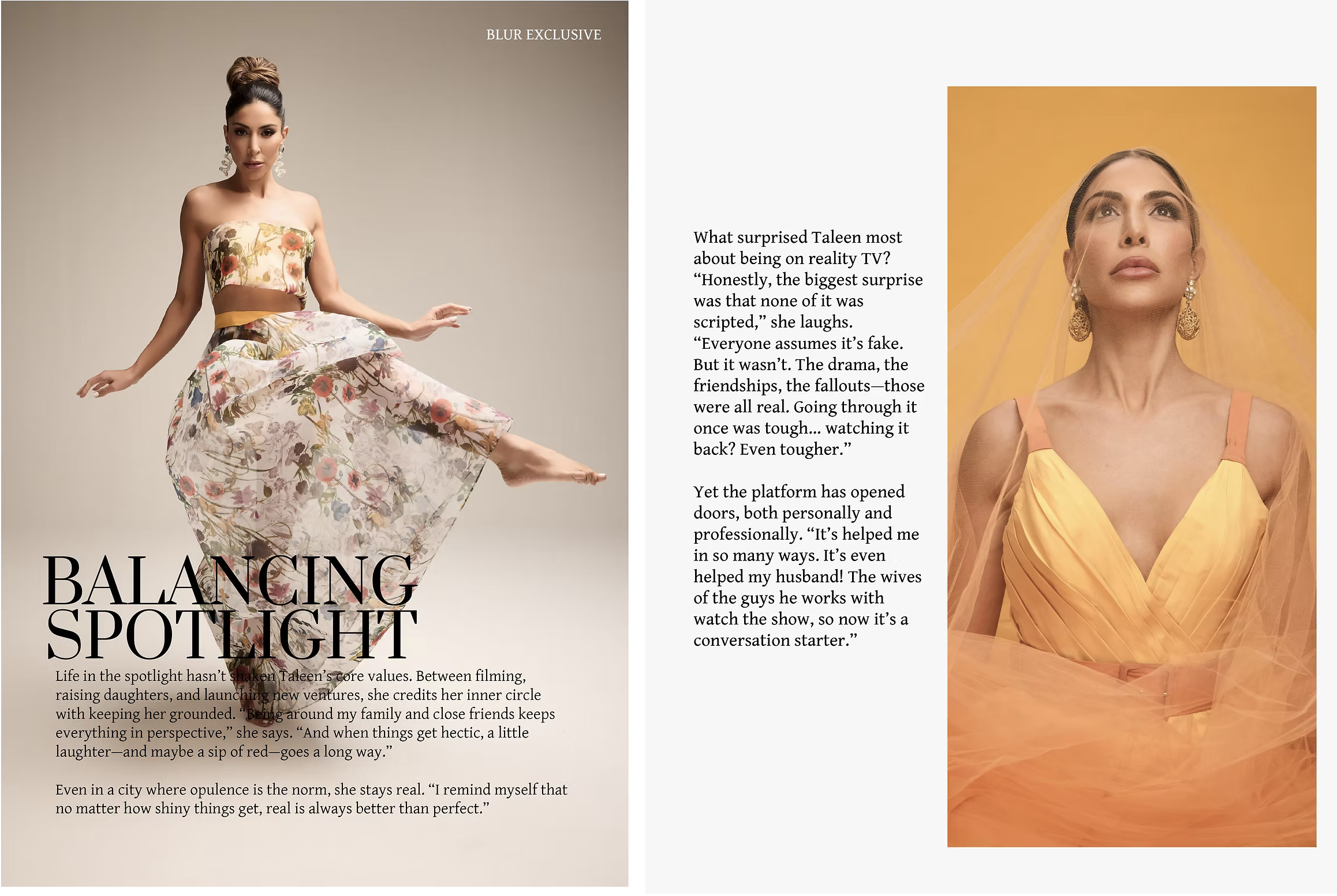Taleen Marie in BLUR Magazine wearing a floral print pleated gazer skirt, finished with a yellow silk grosgrain ribbon and a flat bow that cascades to the floor. 