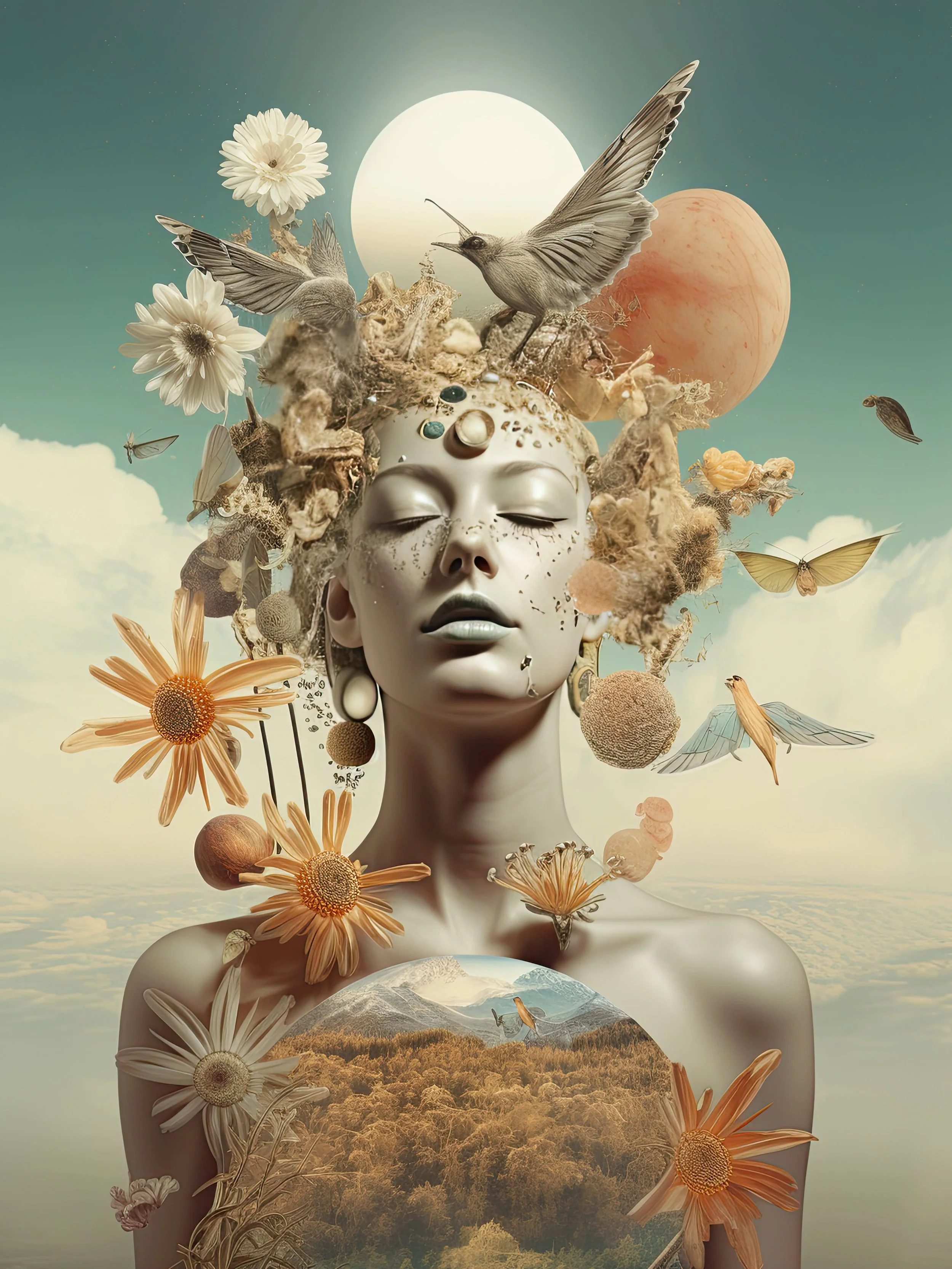 Surreal digital art of a woman with a serene expression, her head adorned with flowers, birds, and abstract elements, with a background of clouds, a moon, and a landscape inside her chest.