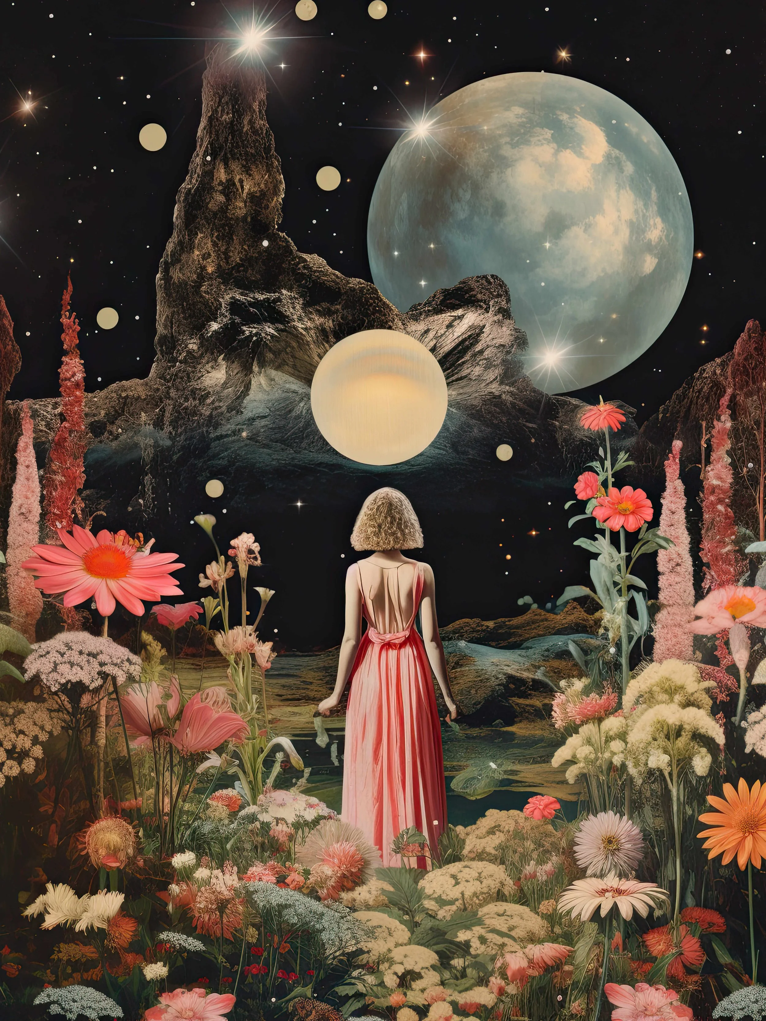 A surreal scene with a woman in a pink dress standing among vibrant flowers, facing toward a cosmic landscape featuring planets, stars, and rocky formations with a large moon in the background.