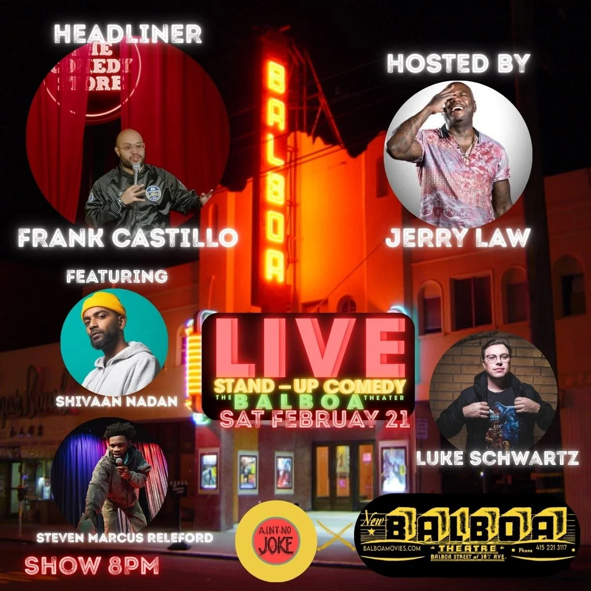 Comedy Night at the Balboa (Headliner Frank Castillo): Doors at 7:30 PM/Show at 8 PM