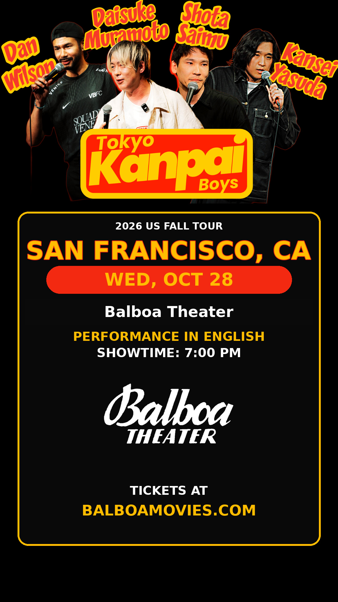 Comedy At The Balboa: Tokyo Kanpai Boys ~ Doors at 6 PM/Show at 7 PM 