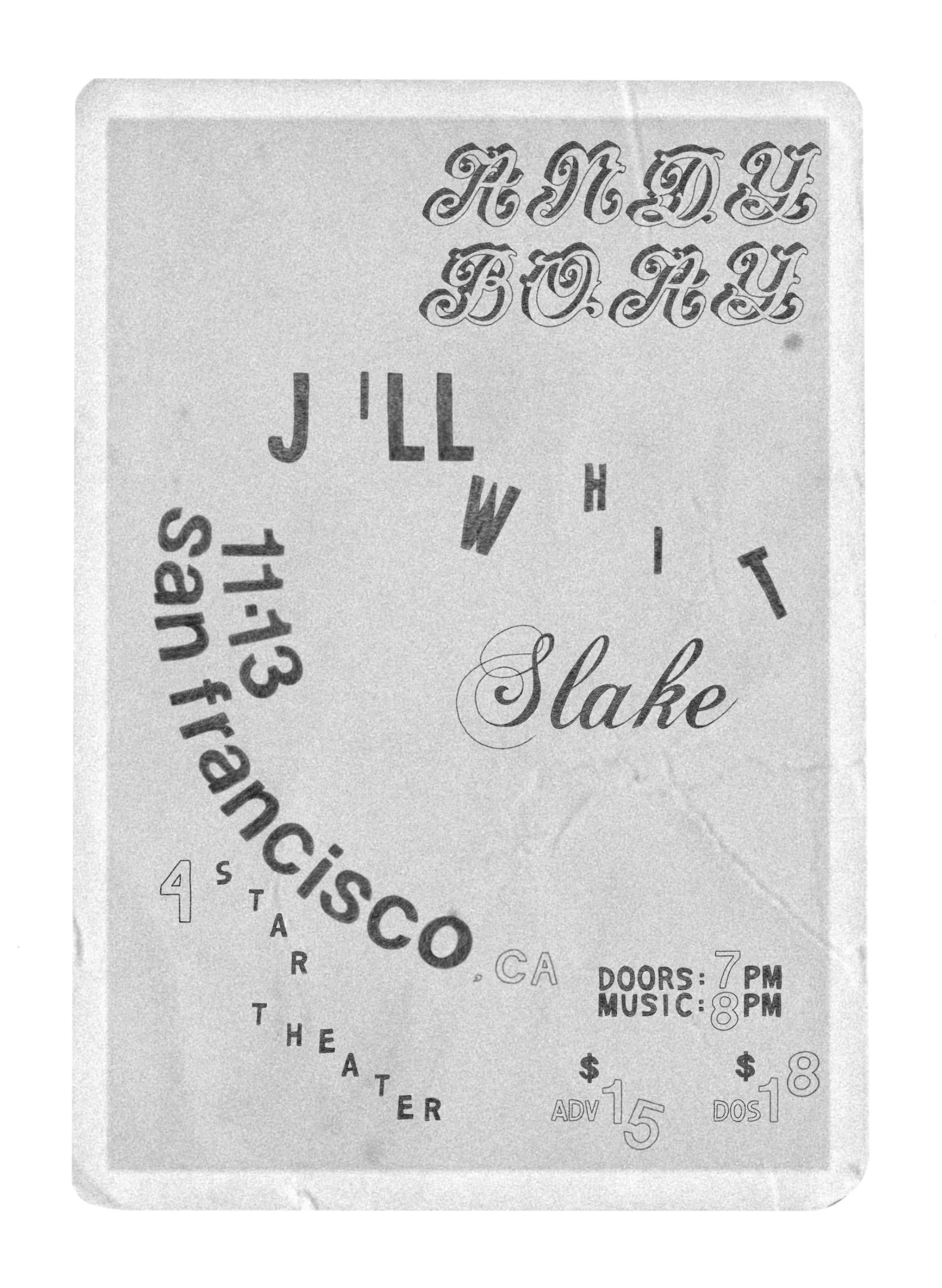 LIVE MUSIC: Andy Boay, Jill Whit, Slake ~ Doors at 7:00 PM &amp; Music at 8:00 PM