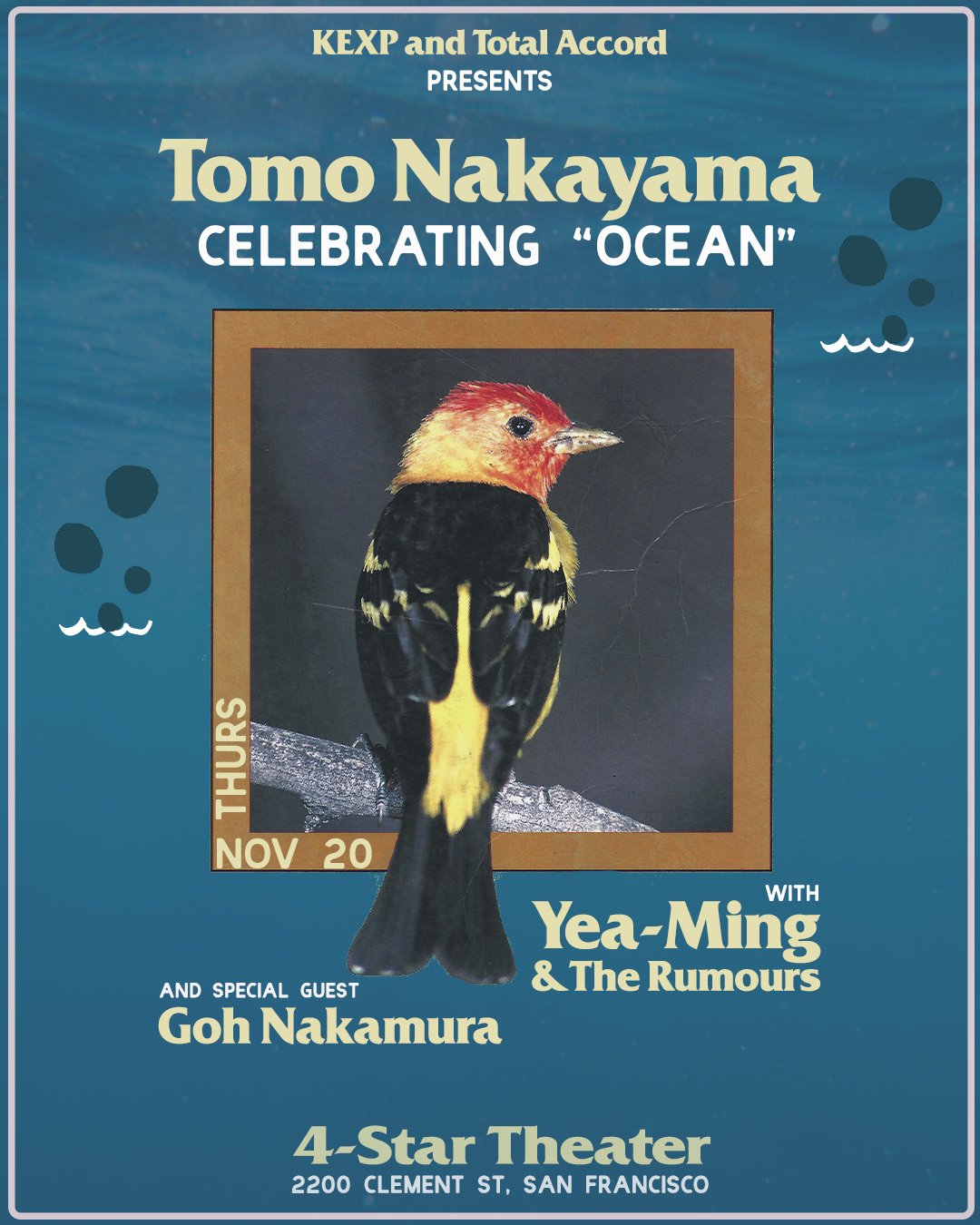 LIVE MUSIC: Tomo Nakayama (Celebrating 'Ocean'), Yea-ming &amp; the Rumours, Goh Nakamura ~ Doors at 7:00 PM &amp; Music at 8:00 PM