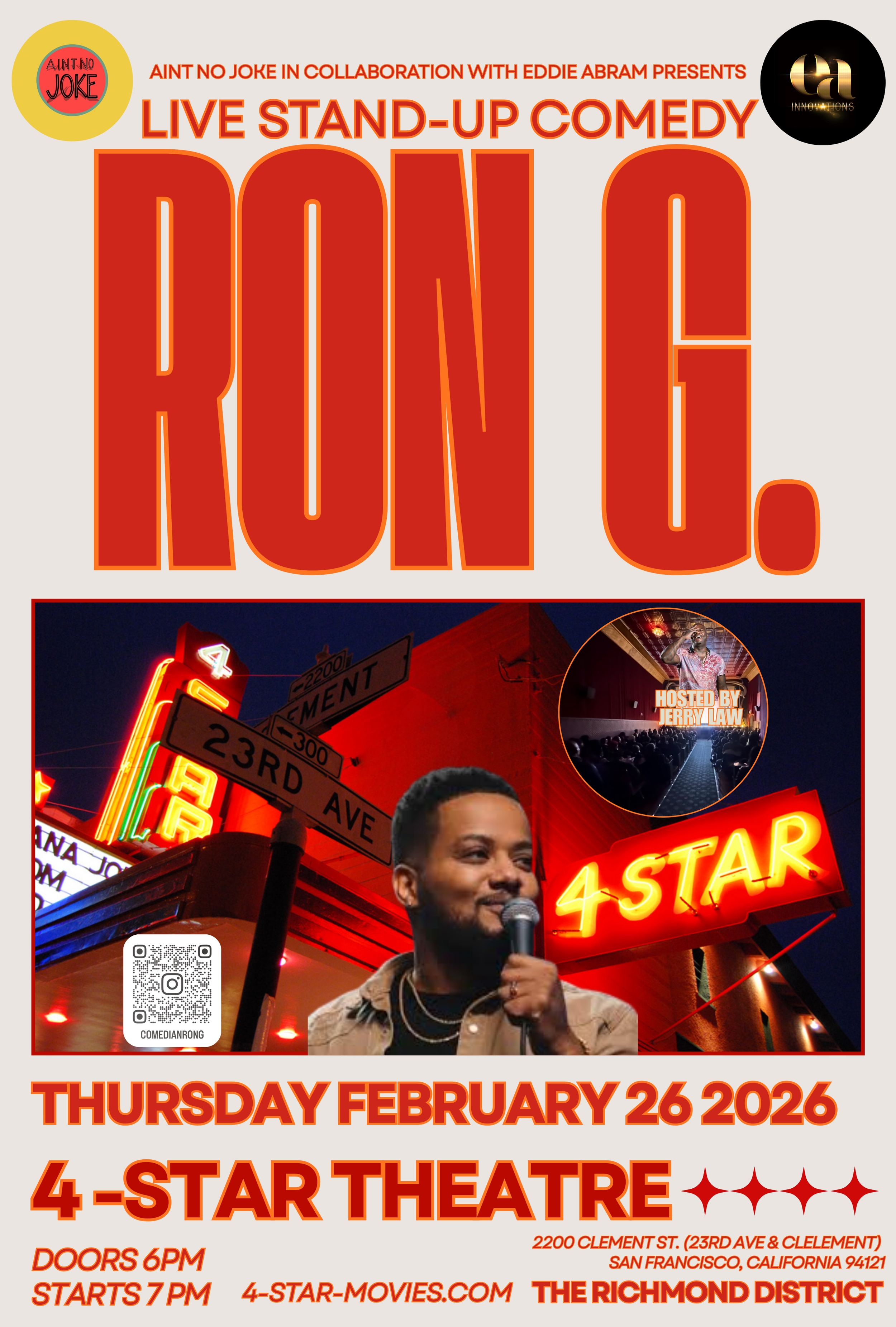 COMEDY: Ron G. ~ Doors at 6:00 PM &amp; Show at 7:00 PM