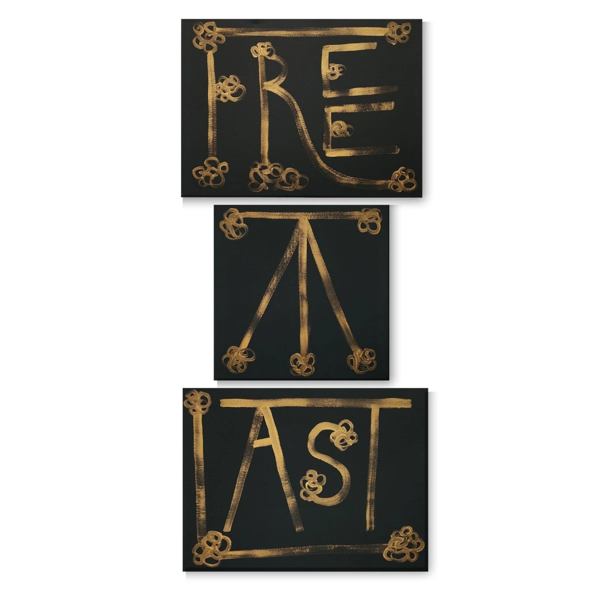 Free at Last, 2026. Acrylic on canvas, two 16 x 12 in. one 12 x 12 in.