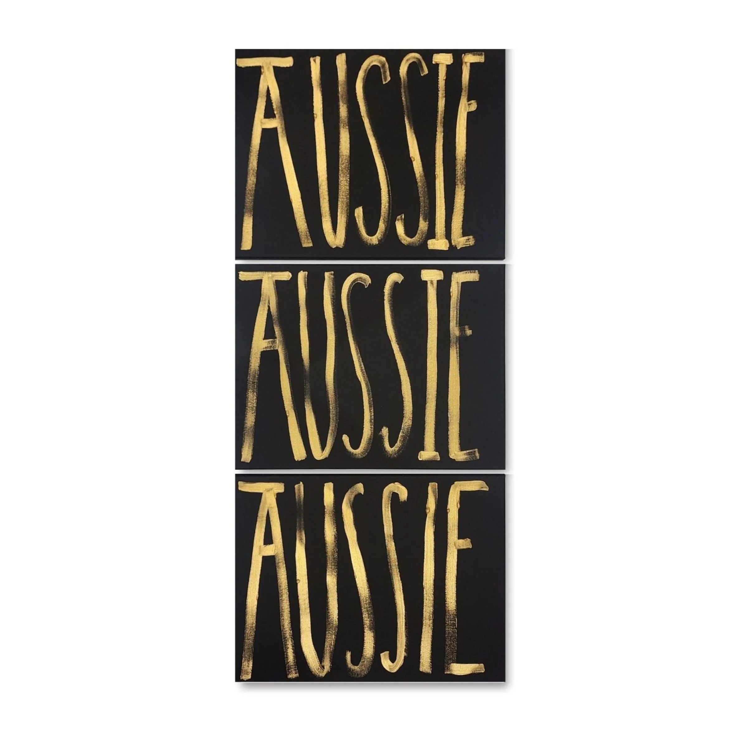 Aussie Aussie Aussie, 2026. Acrylic on canvas, three 16 x 12 in.