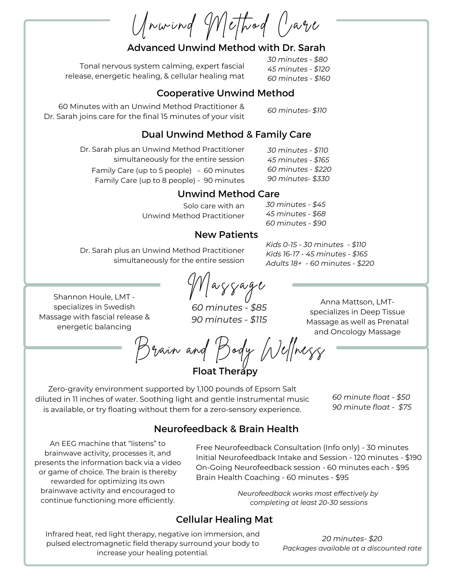 Care Menu — Source Healing Center