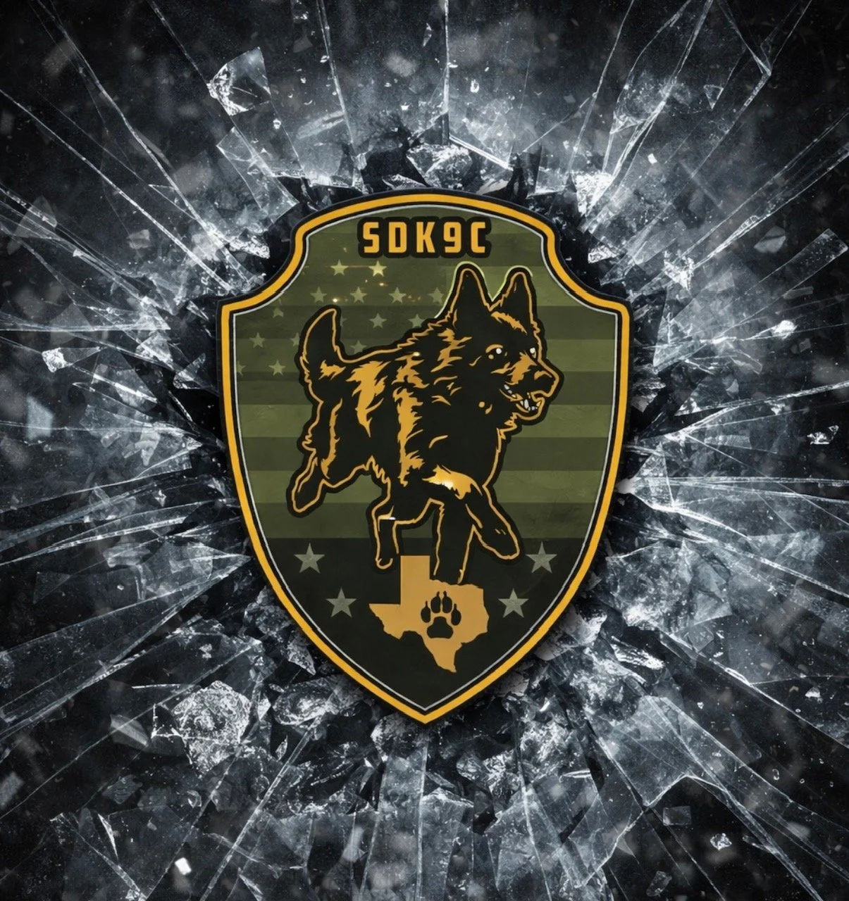 A badge featuring a police dog, the Texas state outline with a paw print, and the text 5DK9C on a police shield background, shattered glass in the background.