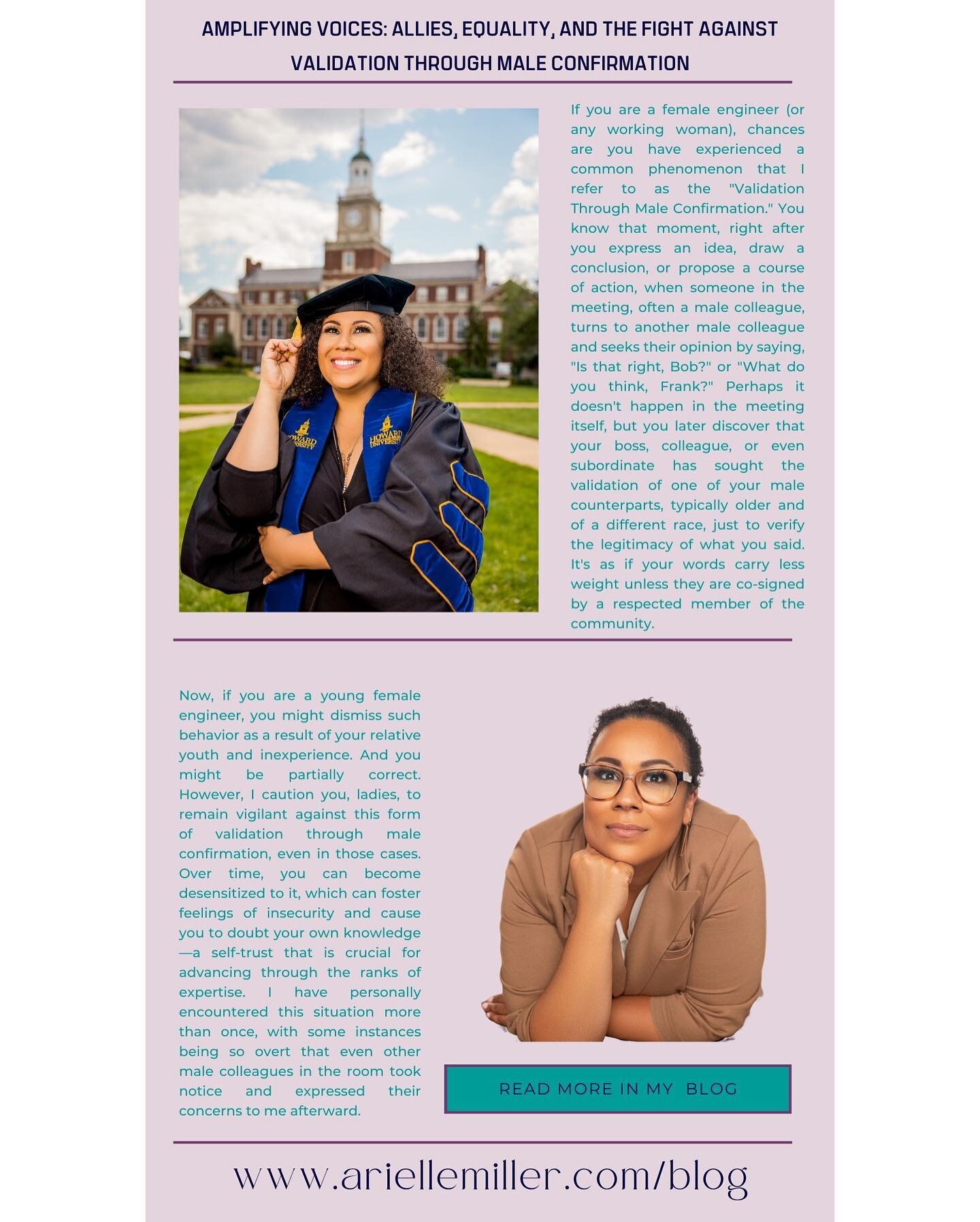 Check out my blog post on  Amplifying Voices: Allies, Equality, and the Fight against Validation through Male Confirmation

Head over to my website to read more 

#blackwomeninstem 
#blog
#phdlife🎓 
#DRARIELLE