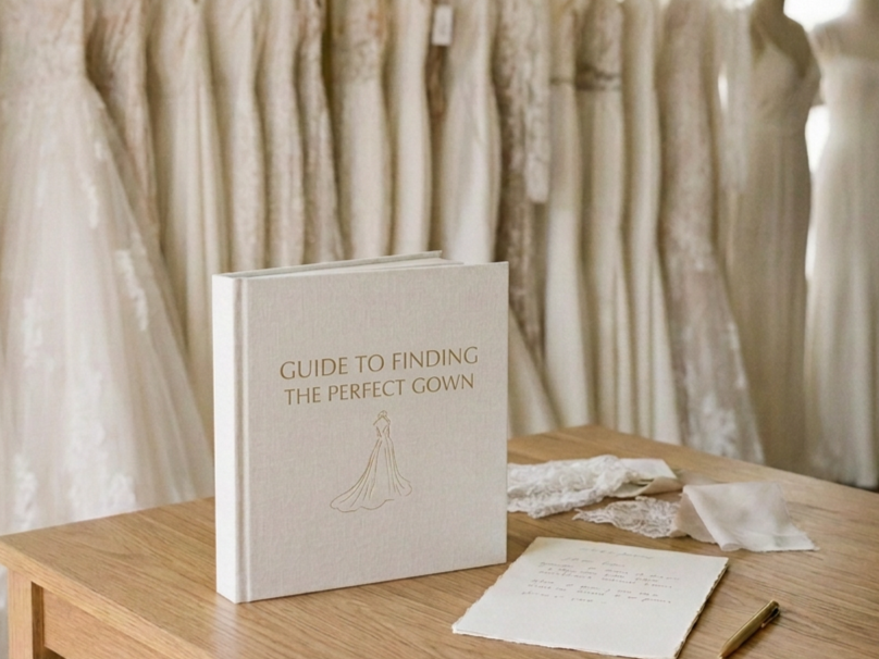 A book titled "Guide to Finding the Perfect Gown" on a wooden table, with wedding dresses hanging in the background and lace fabric, paper, and a pen on the table.