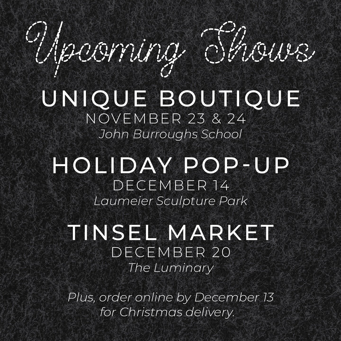 There&rsquo;s just 39 days until Christmas! I have three pop-ups left in St. Louis this year. Plus, order online by December 13 to receive your order by 12/25! 🎄🎁🪡 
🧵: @jbsuniqueboutique
📆: November 23 &amp; 24 | 10 am &ndash; 4 pm

🧵: @laumeie