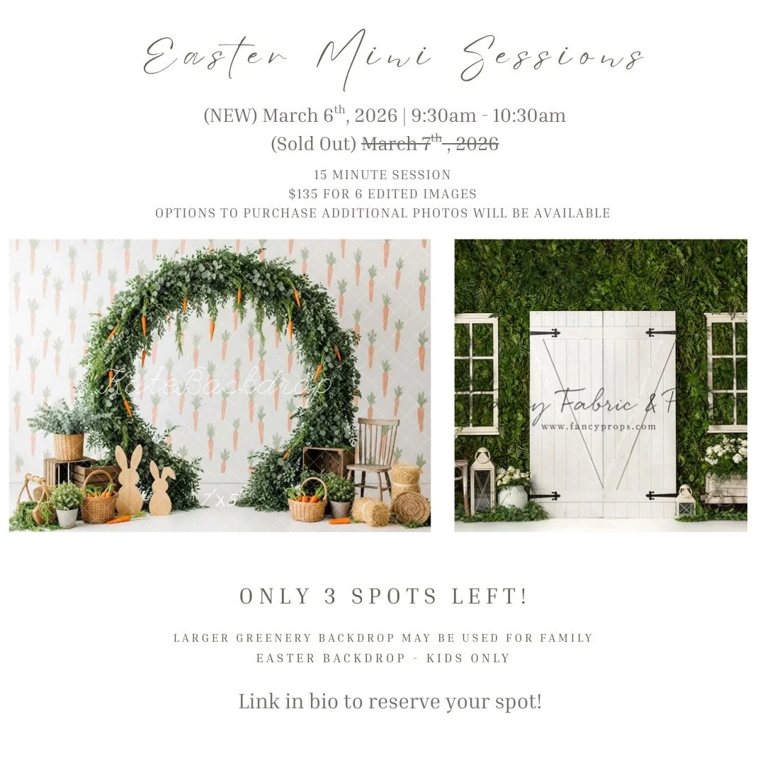 ☎️ Last Call on Easter Minis! 🐰

We have officially SOLD OUT of the original date (3/7) for the Easter Minis, so we have added a new date with limited spots available for Friday, March 6th!

For this session, we&rsquo;re going to have two (2) differ