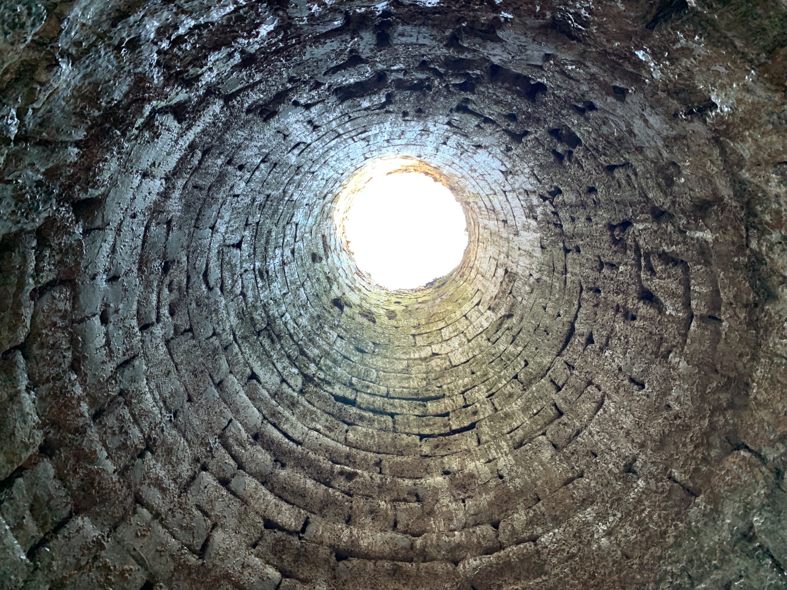 Inside the furnace, looking up through the smoke stack
