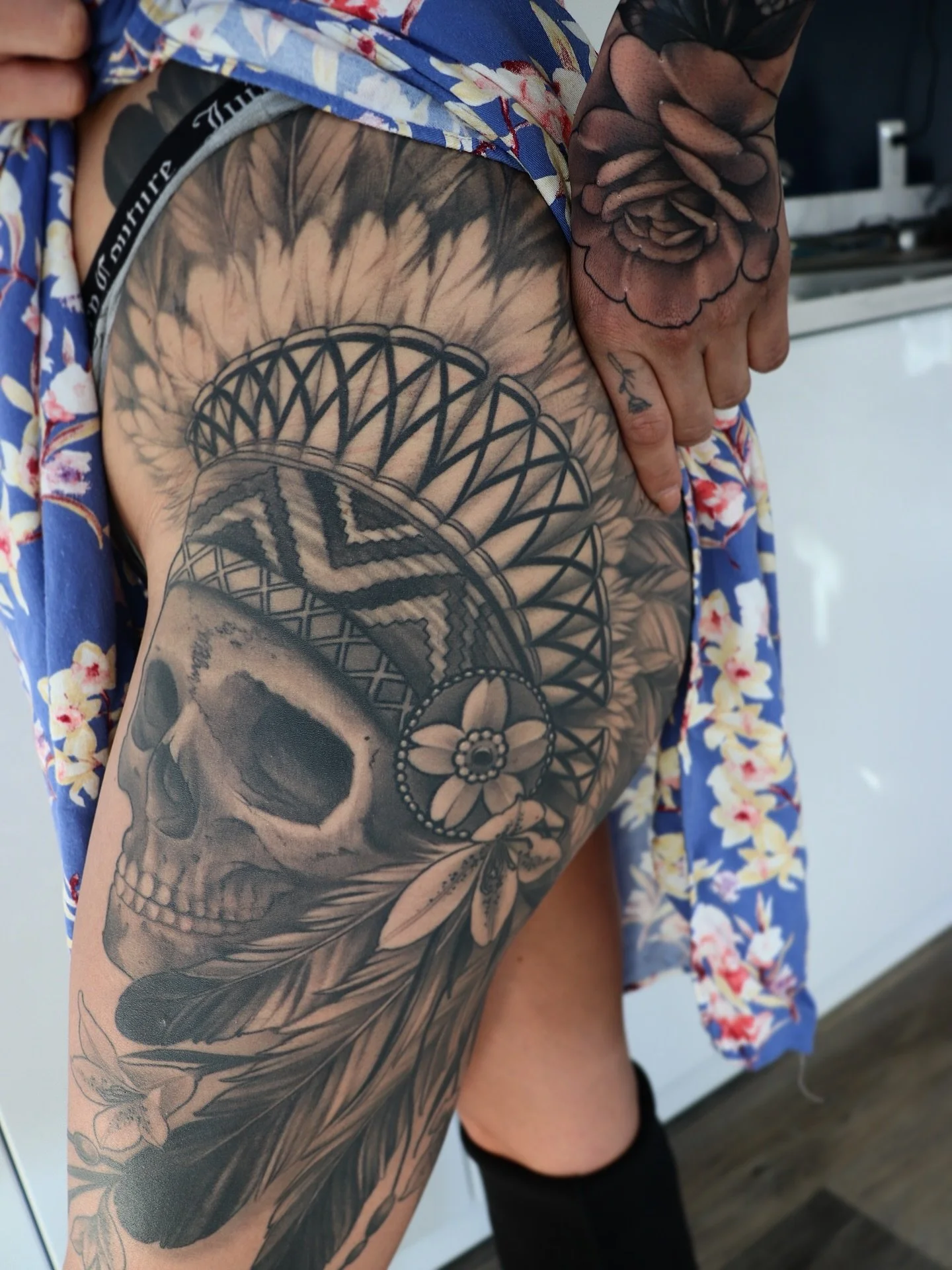 Healed Skull and headdress, fresh free handed rose on her hand and reworked some old tattoos on Carmen's arm. Black and grey all day 🤍💀. 
 
Www.lexiraetattoo.com 
 
#yycsmallbusiness #yyctattoo #yyctattoos #yycstyle #yycgirls #worldoftattooedgirls 