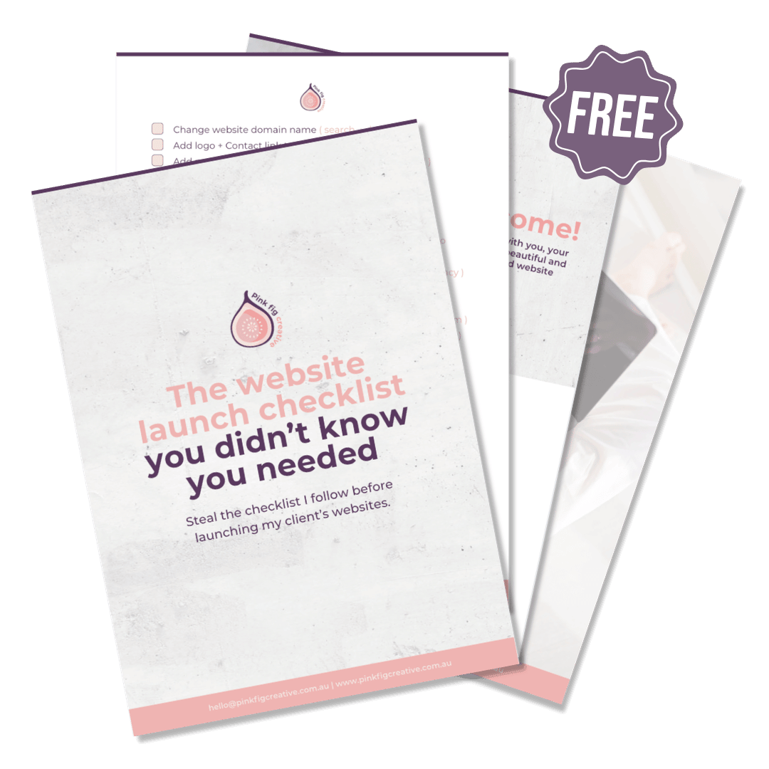 Brochure titled 'The website launch checklist you didn’t know you needed' with a pink fig logo at the top, and a subheading about launching client websites, pink and purple text, contact info at the bottom, and a light textured background.