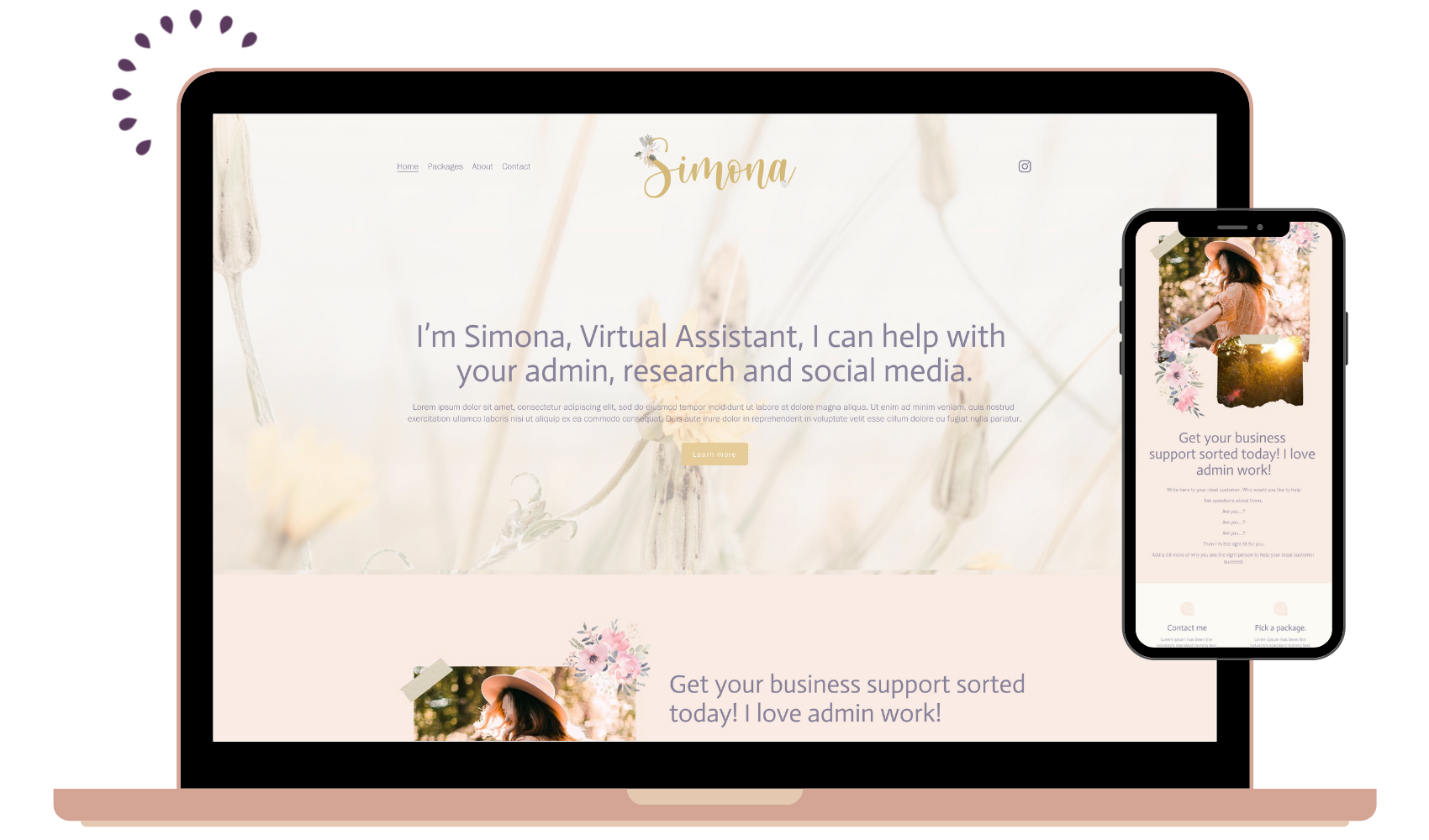 A computer and smartphone displaying a website for a virtual assistant named Simona, featuring a soft pastel color scheme, a photo of a woman with a hat, and text about services for admin, research, and social media support.
