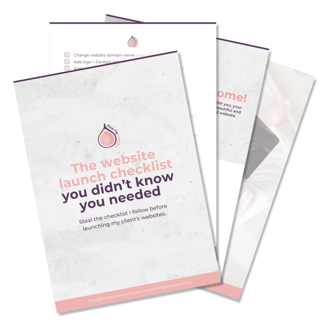 Cover page of a website launch checklist guide with pink and purple text on a light background. It features a small graphic of a pink fig and includes contact information at the bottom.