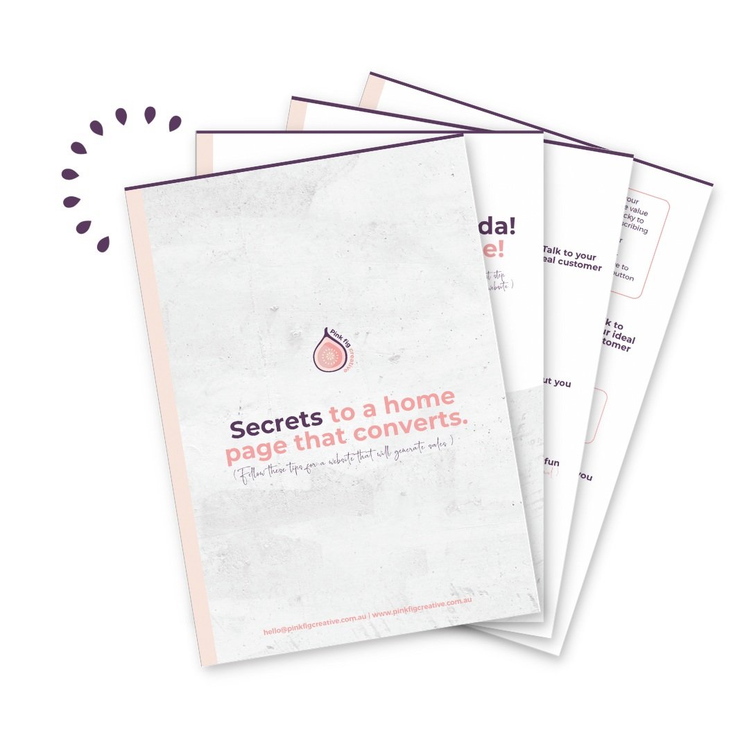 Brochure titled 'Secrets to a home page that converts,' featuring a pink and purple color scheme with a small fruit graphic