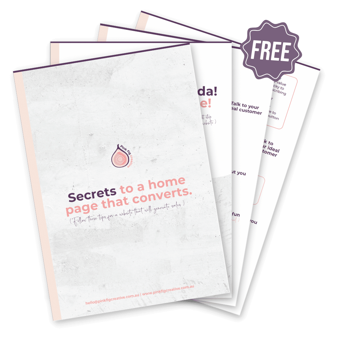 Brochure titled 'Secrets to a home page that converts,' featuring a pink and purple color scheme with a small fruit graphic