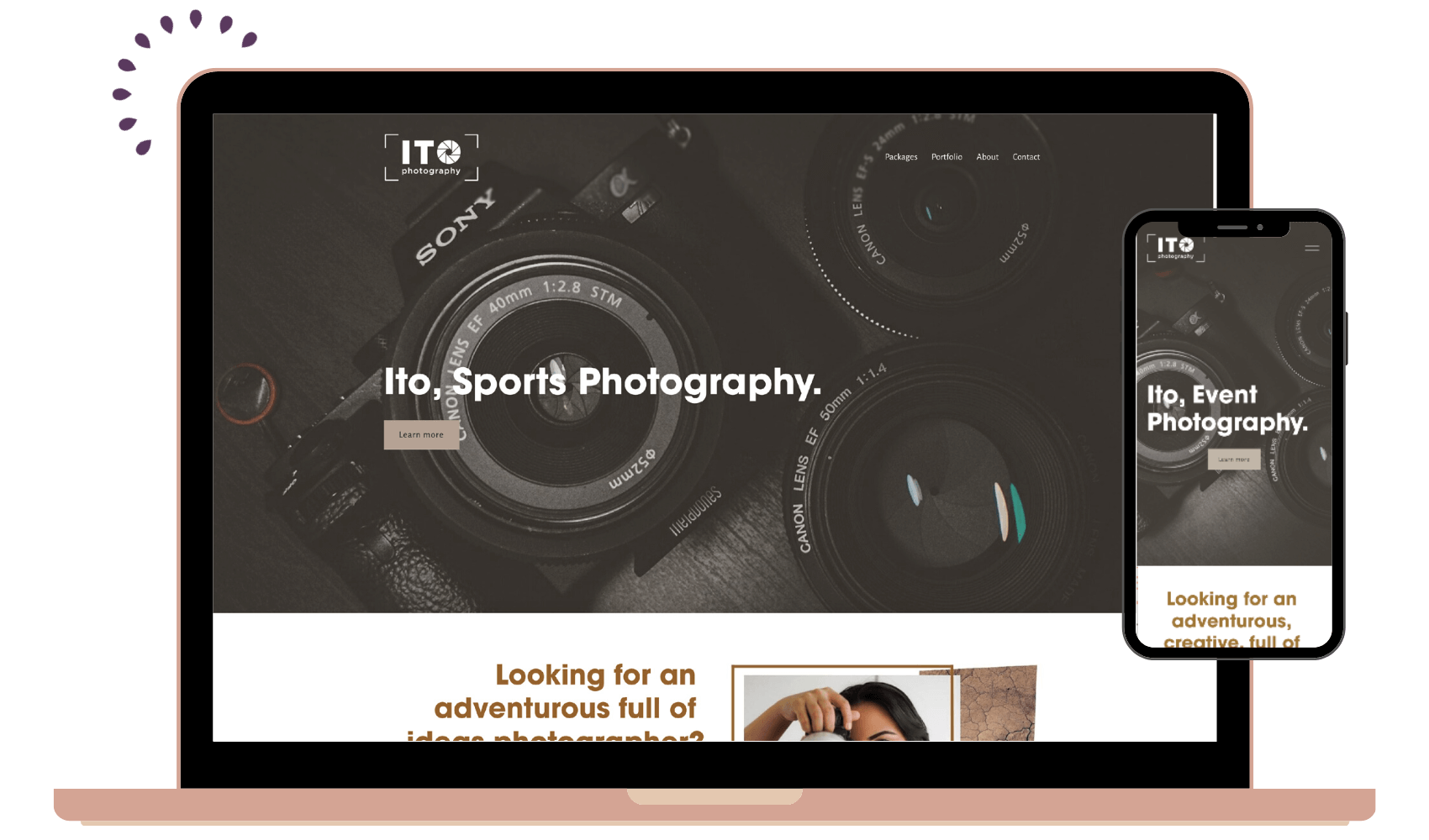 A laptop and a smartphone displaying a photography website with a background image of cameras, including a Sony camera with a 40mm lens and a Canon camera with a 24mm lens.