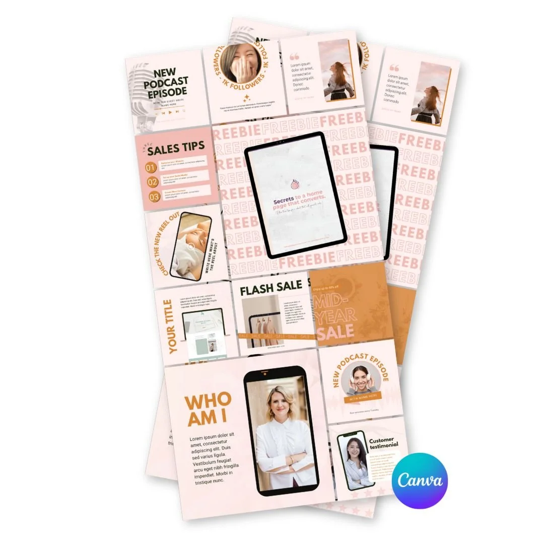 A collage of marketing materials including a podcast episode promotion, sales tips, mid-year sale, and customer testimonial, with photographs of women and various text elements.