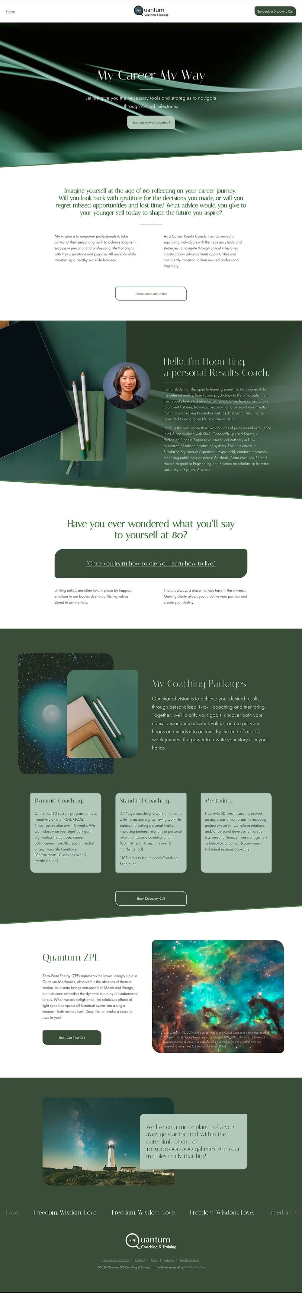 A webpage for Quantum Coaching & Training titled 'My Career My Way' with sections about transforming your career, coaching packages, and information about Quantum ZPE, featuring images of a galaxy, lighthouse, and coaching tools.