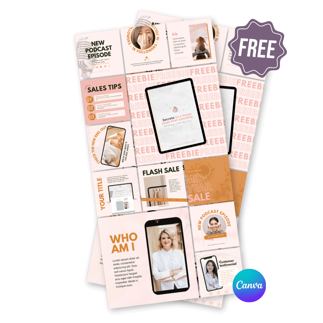 A collage of marketing materials including a podcast episode promotion, sales tips, mid-year sale, and customer testimonial, with photographs of women and various text elements.