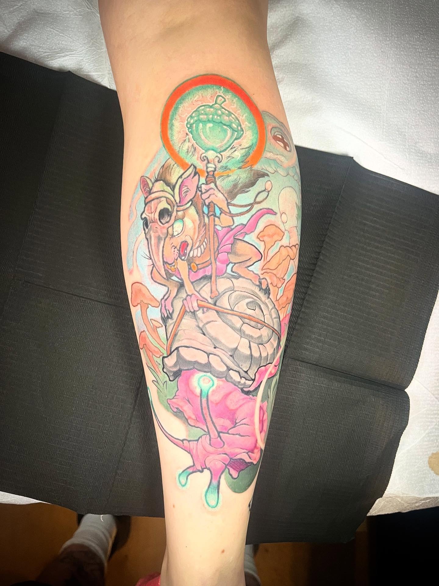 @bennymac_tattoos  and  @dlodious were given some freedom with this one and I think it&rsquo;s safe to safe &ldquo;they understood the assignment&rdquo;. #ratshaman #squirrelwitchdoctor #gerbeldruid #snailtrail #ginkgotattoo #toronto #tattooartist #n