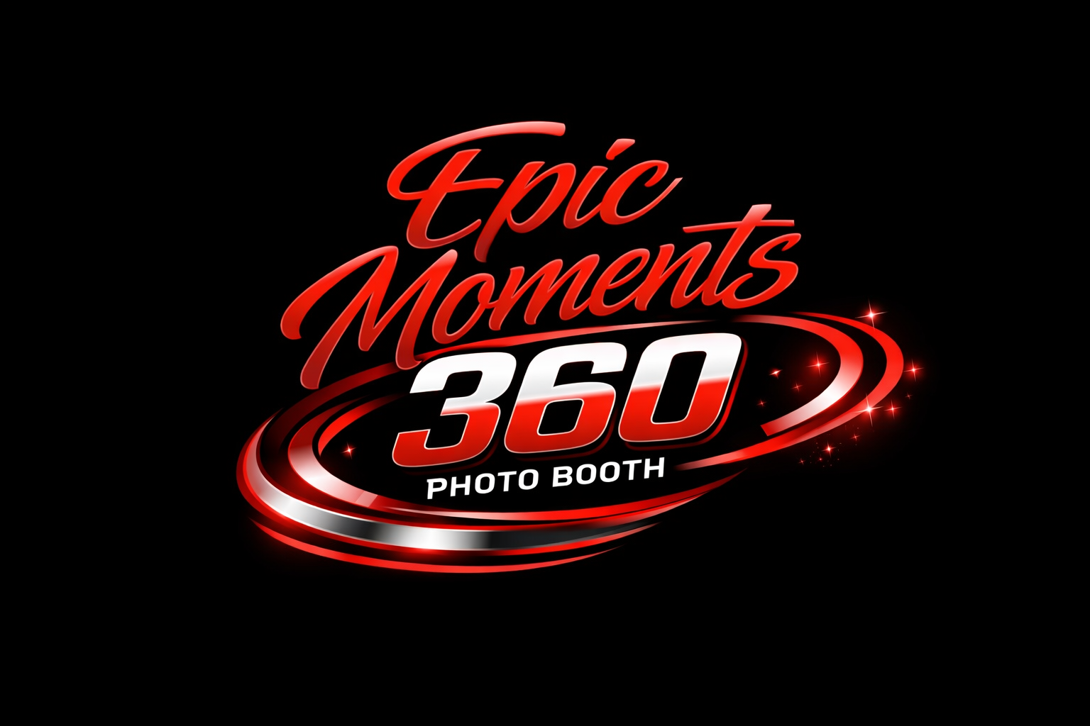Epic Moments 360 Photo Booth logo with red and white text on a black background, featuring swirling design elements and sparkles.