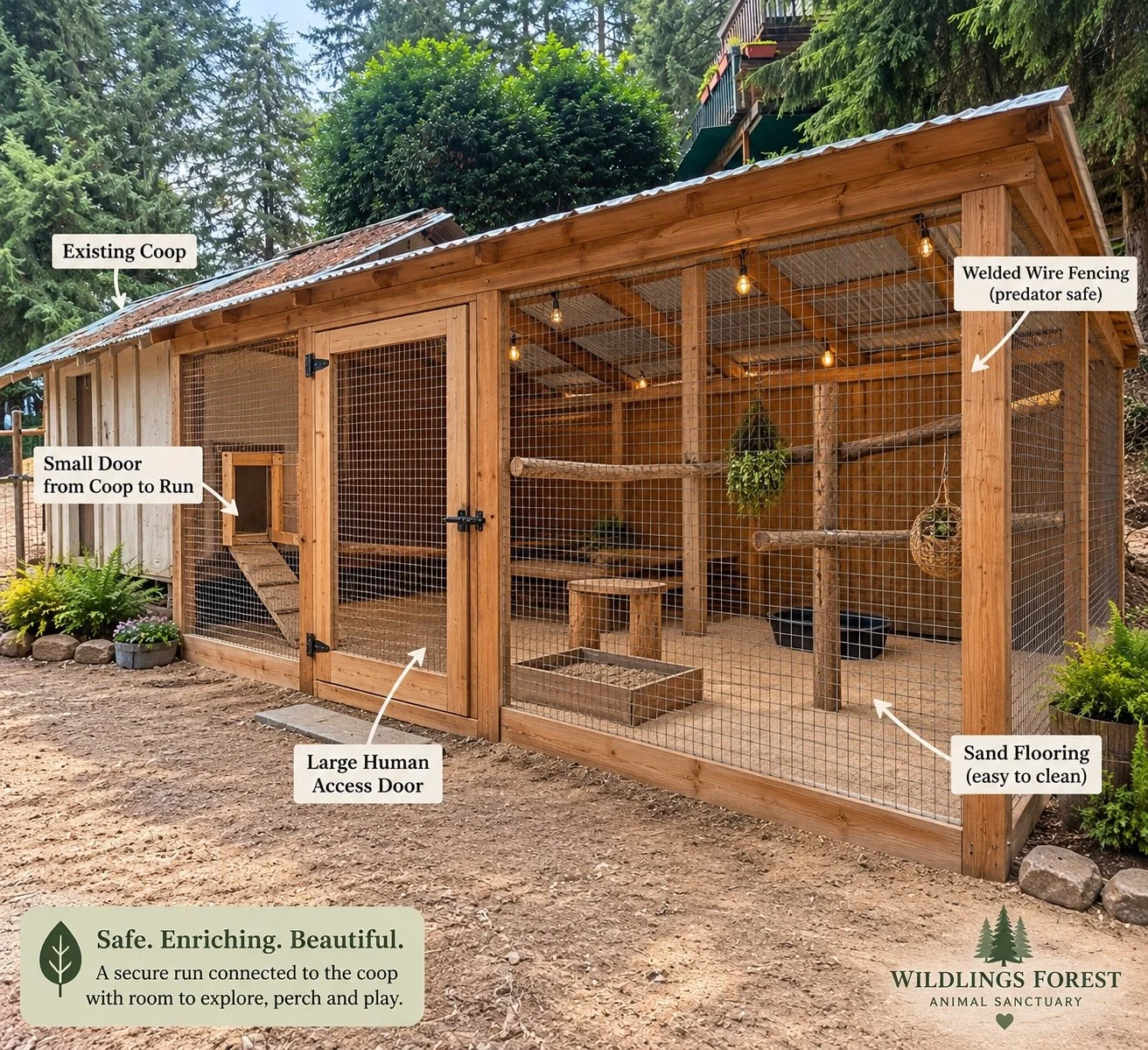 Illustration of the planned outdoor bird run connected to the coop.