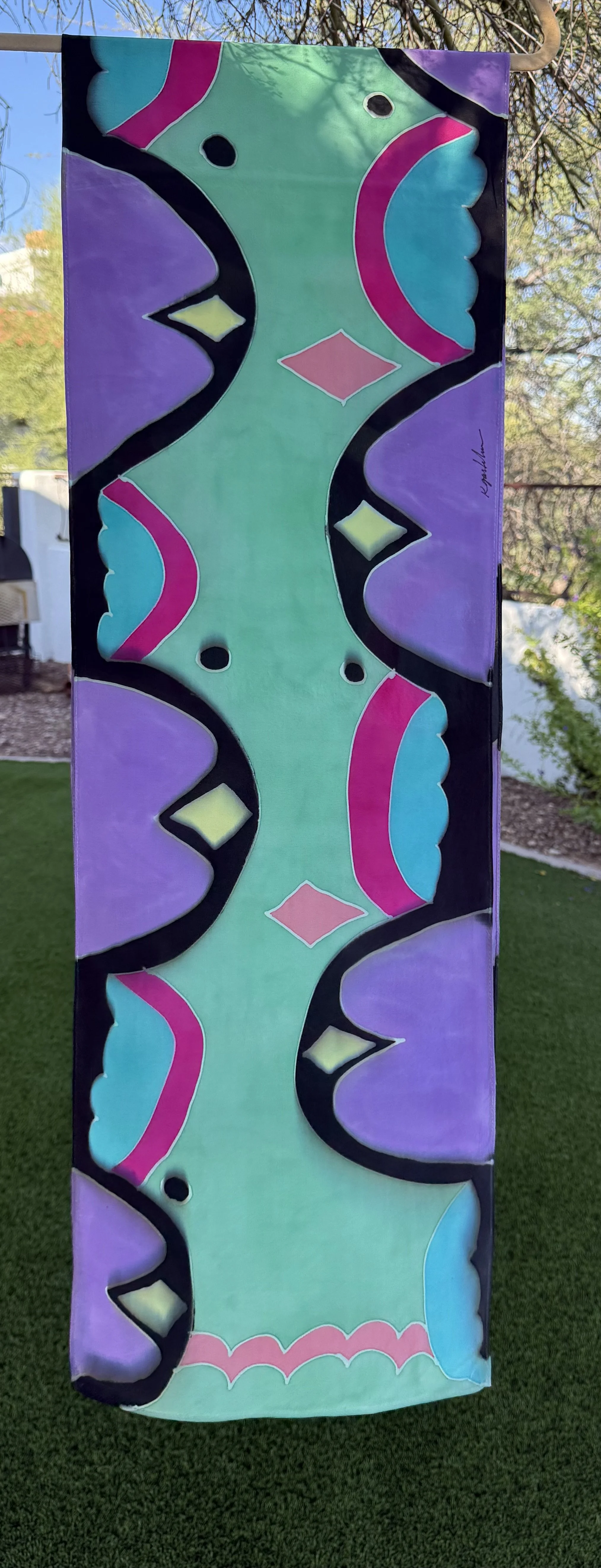 New! Hand painted stone-washed Silk Scarf
14" x 72"