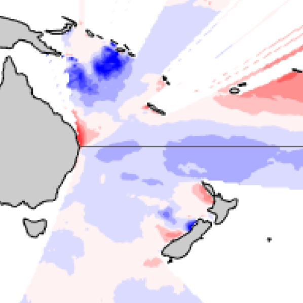 Map showing wave generation patterns over the Coral Sea and approaching Southeast QLD.
