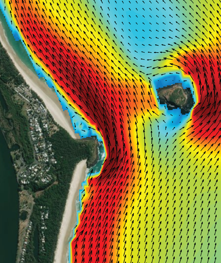 A map showing flow direction and speed around Fingal headland, NSW.
