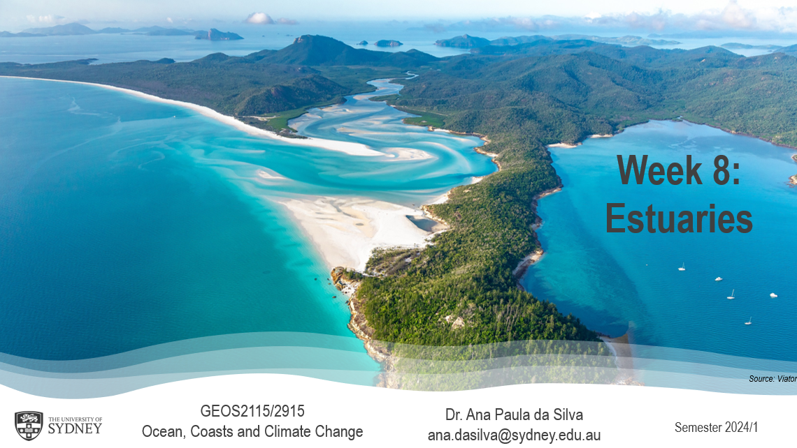 Lecture on fundamentals of estuaries evolution, classification and dynamics. Delivered to University of Sydney Undergraduate (2d Yr) GEOS2115/2915 Oceans, Coast and Climate Change.