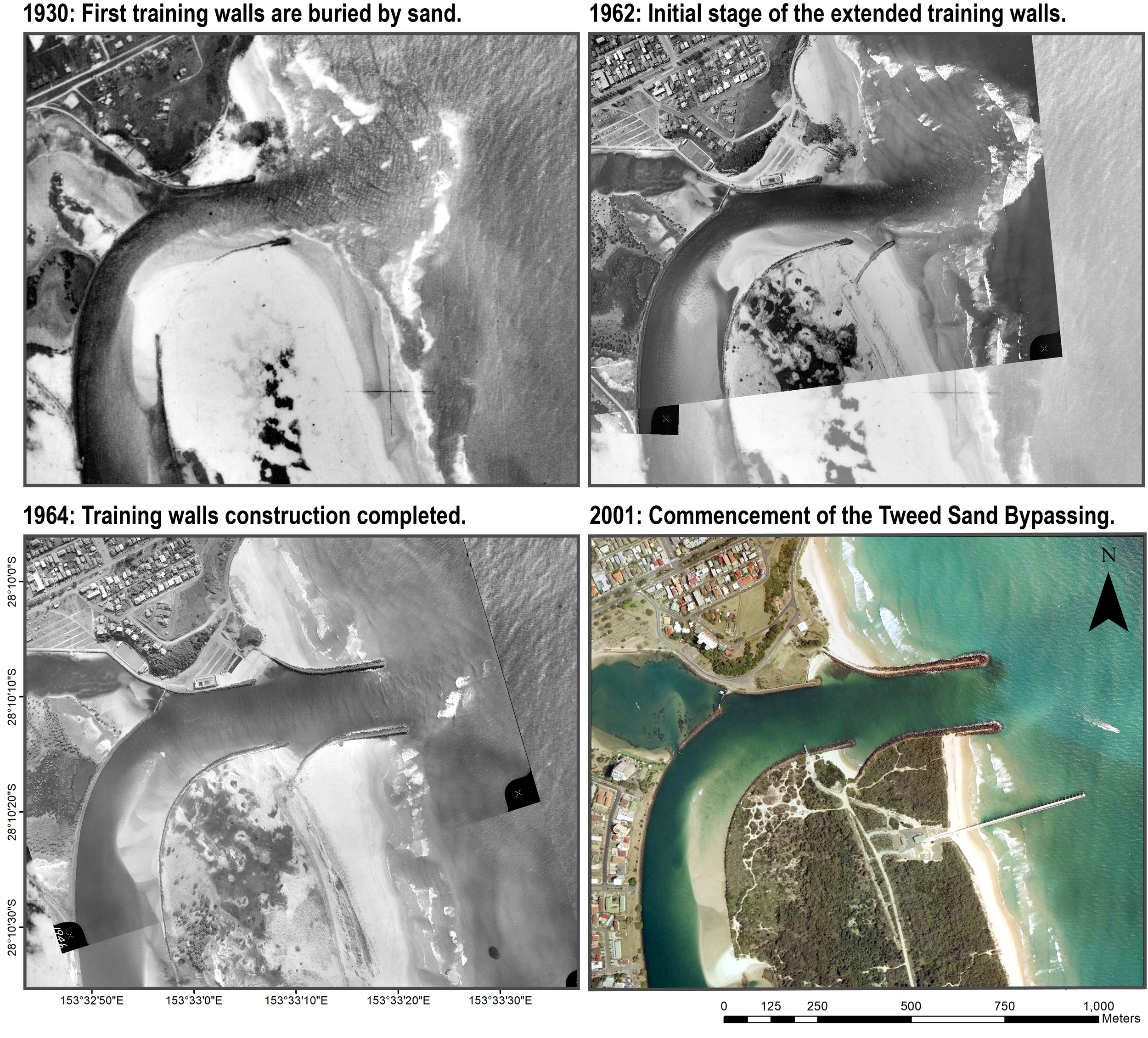 A series of aerial maps showing the progression of the construction of a coastal barrier. The first map from 1930 shows initial training walls buried by sand, the 1962 map shows the initial stage of extended training walls, the 1964 map shows the completion of the training walls, and the 2001 map depicts the commencement of the Tweed Sand Bypassing project.