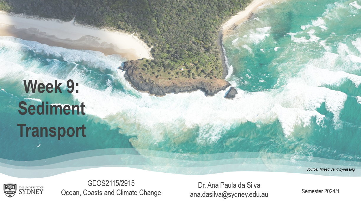 Lecture on fundamentals of coastal sediment transport. Delivered to University of Sydney Undergraduate (2d Yr) GEOS2115/2915 Oceans, Coast and Climate Change.