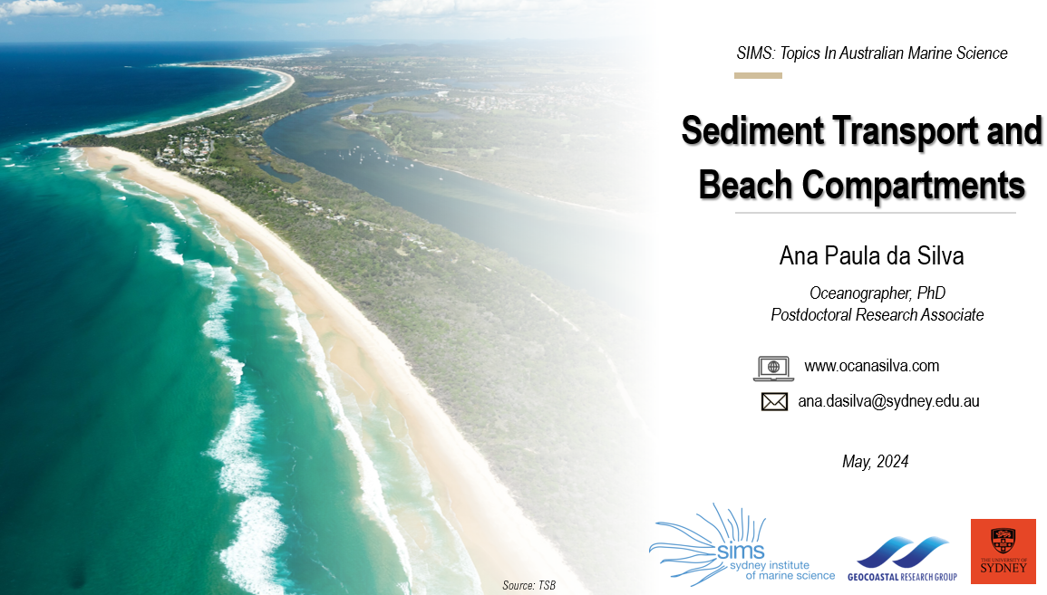 Lecture on longshore sediment transport with compartment connectivity via headland bypassing, and coastal management. Delivered to University of Sydney Masters Unit SIMS-Topics in Marine Science.