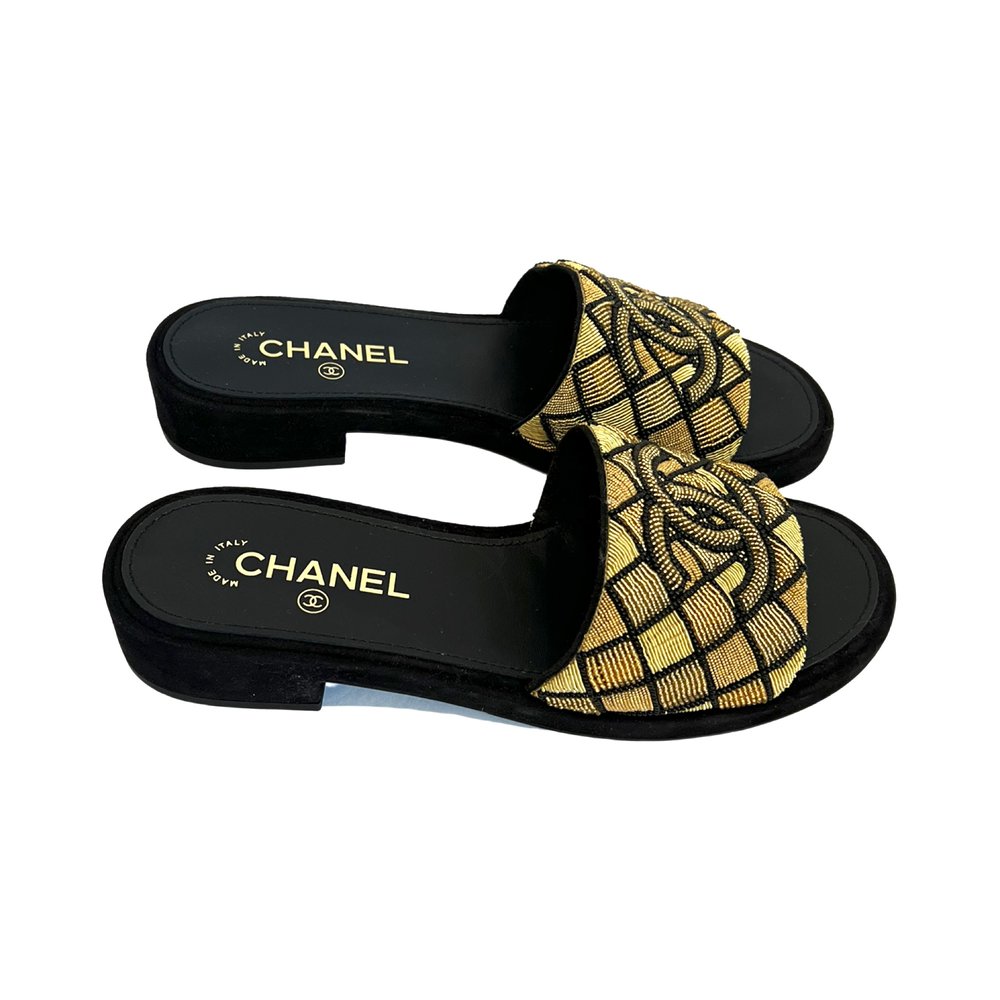 Chanel Gold Logo Slides Size 38.5 2021 Collection — Socialite