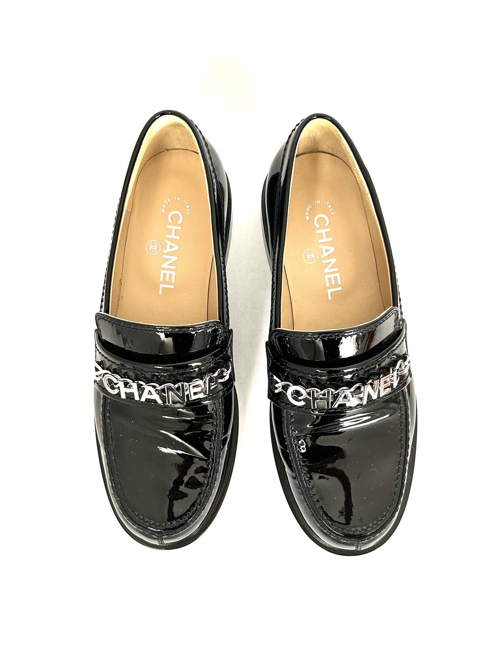 Chanel S/S 2021 Black Patent Loafers with Chanel Chain Size 38C — Socialite  Auctions