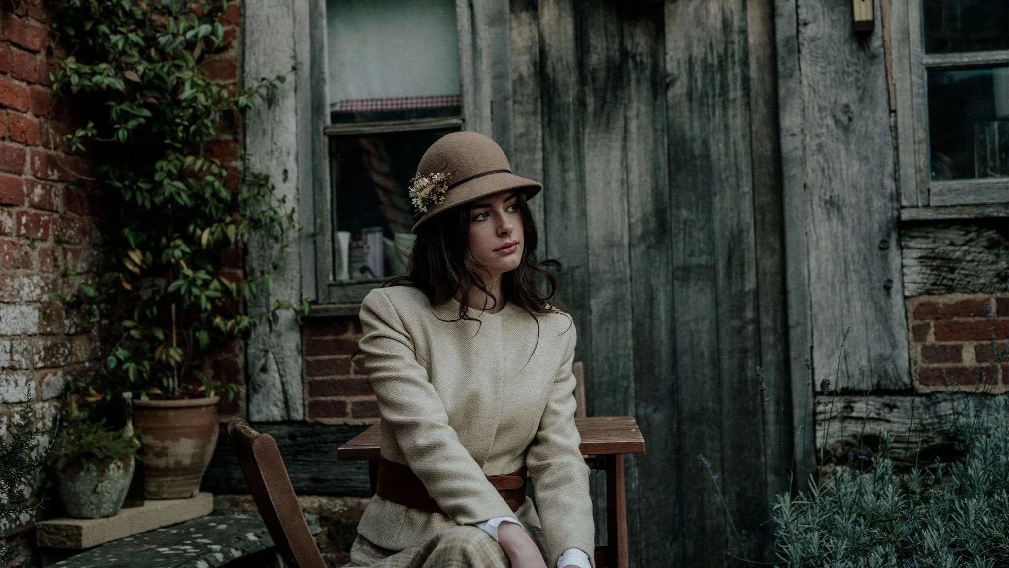 Cloche Hat, Elizabeth Skirt, Jane Jacket and double buckle belt.