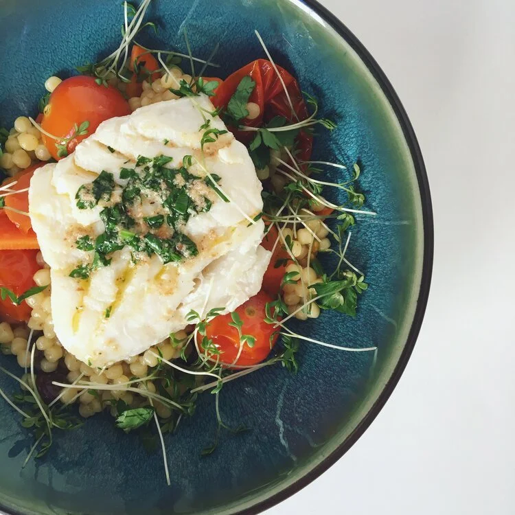 Rijkgevulde parelcouscous met kabeljauwfilet