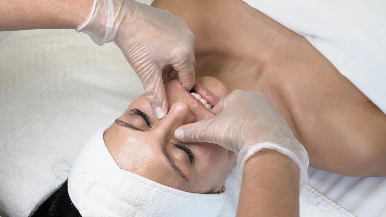 A woman receiving a facial treatment while lying on a bed, with a towel wrapped around her head, as a practitioner in gloves gently presses her face.
