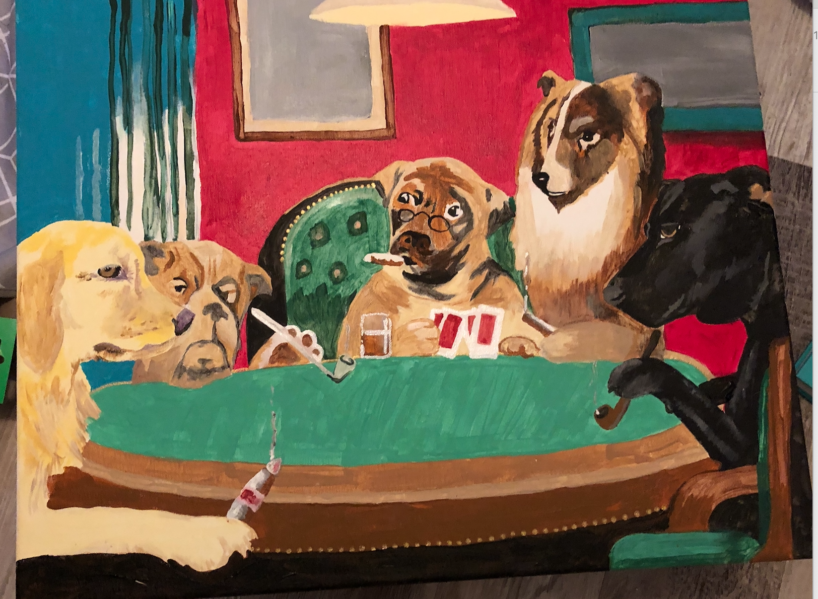 Painting inspired by 'Dogs Playing Poker' featuring our two family dogs