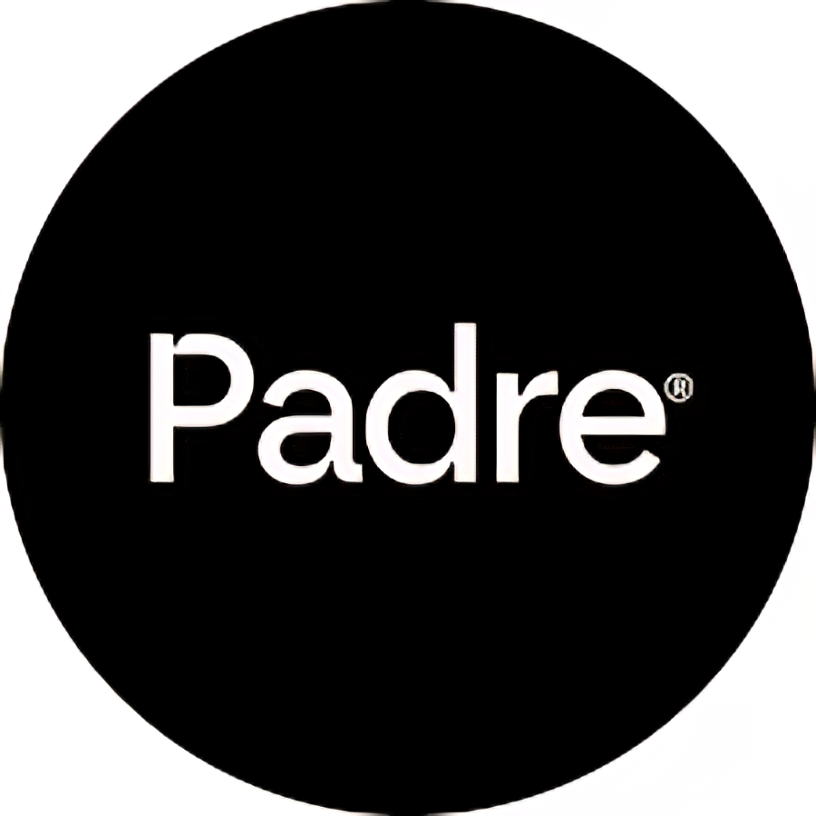 Black circular background with the word 'Padre' in white text centered.