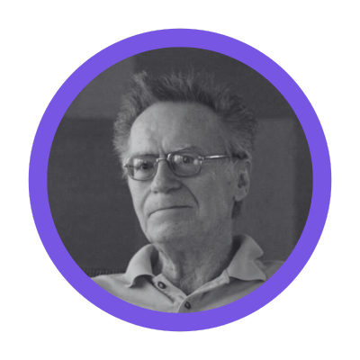 Black and white portrait of Ray Peat set in a purple circular frame.