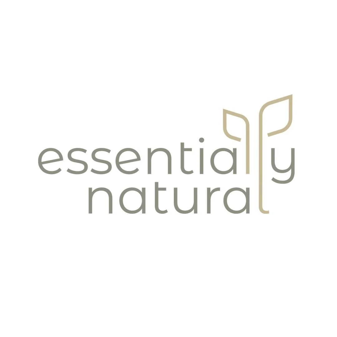 Logo for Essentially Natural with a stylized plant sprout above the words "essentially natural" in muted earth tones.