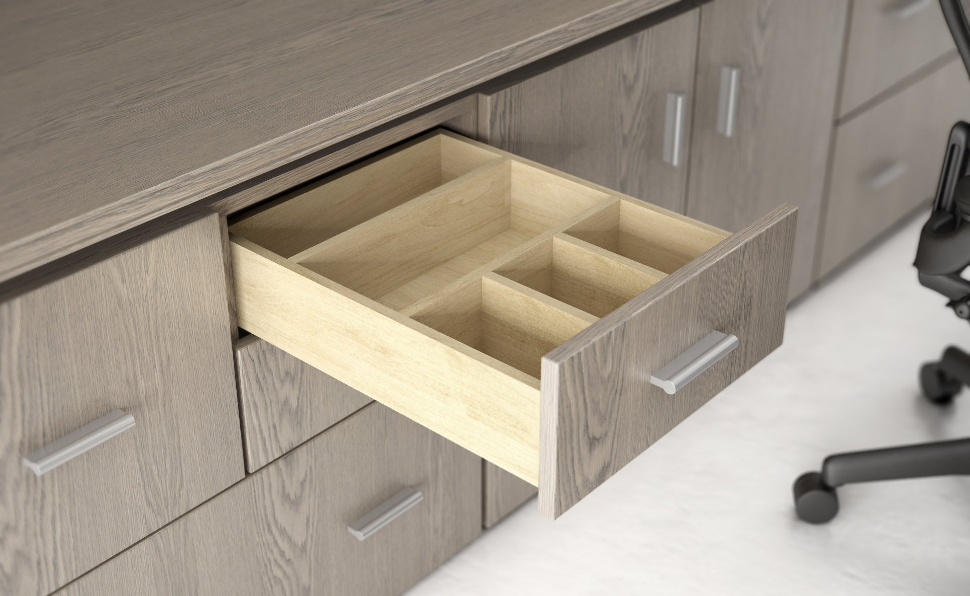BUILT IN DRAWER DIVIDER IN WEATHERED OAK FINISH